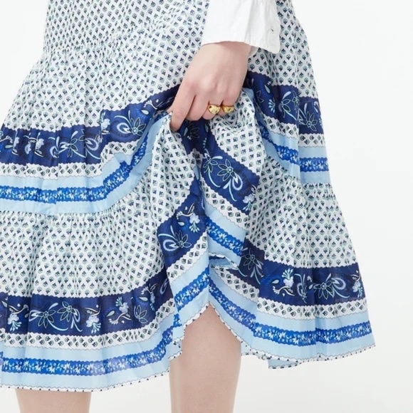 J.CREW Blue & White Block Print Lined Tiered Floral Midi Skirt Size Small - Picture 4 of 8